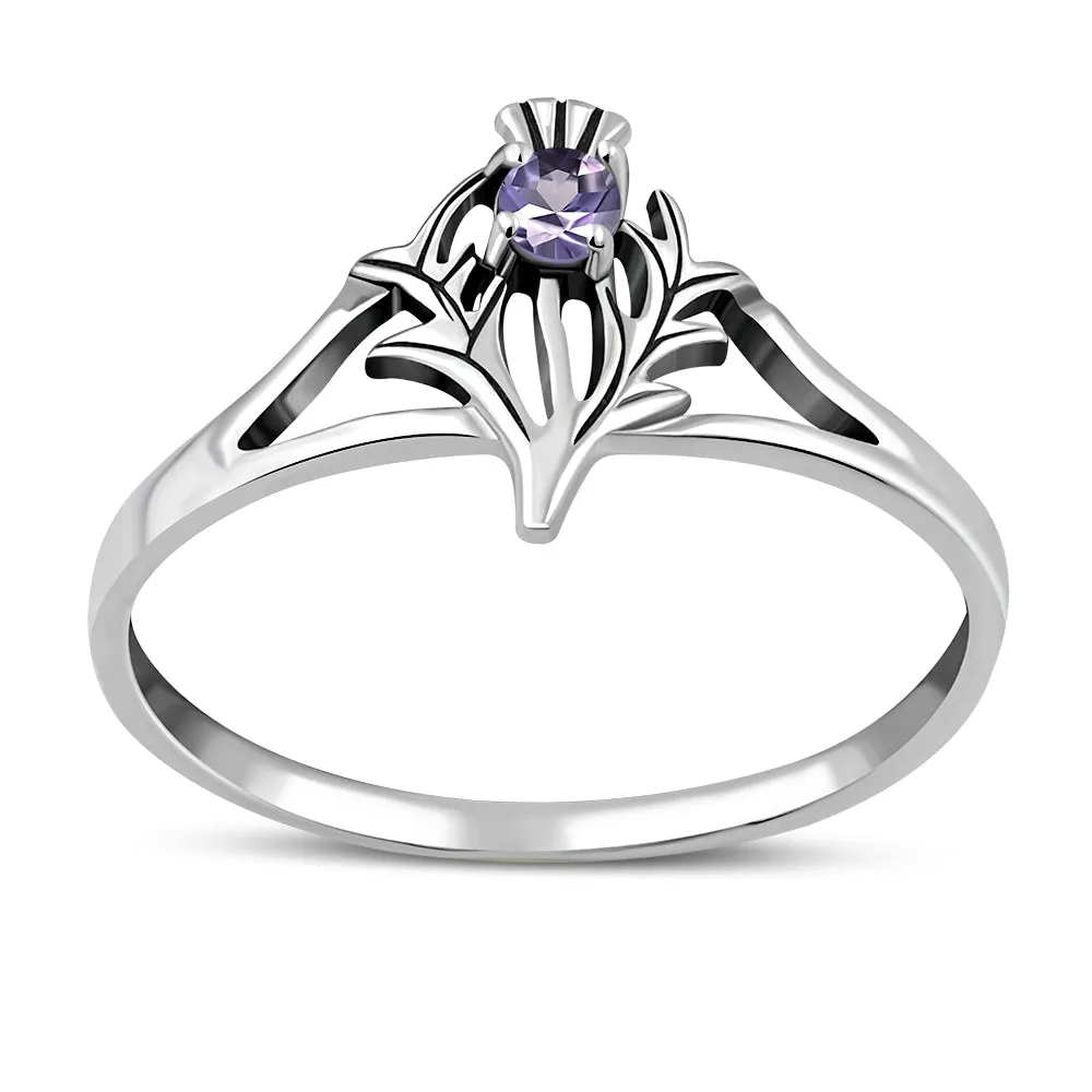 Amethyst Stone Scottish Thistle Silver Ring