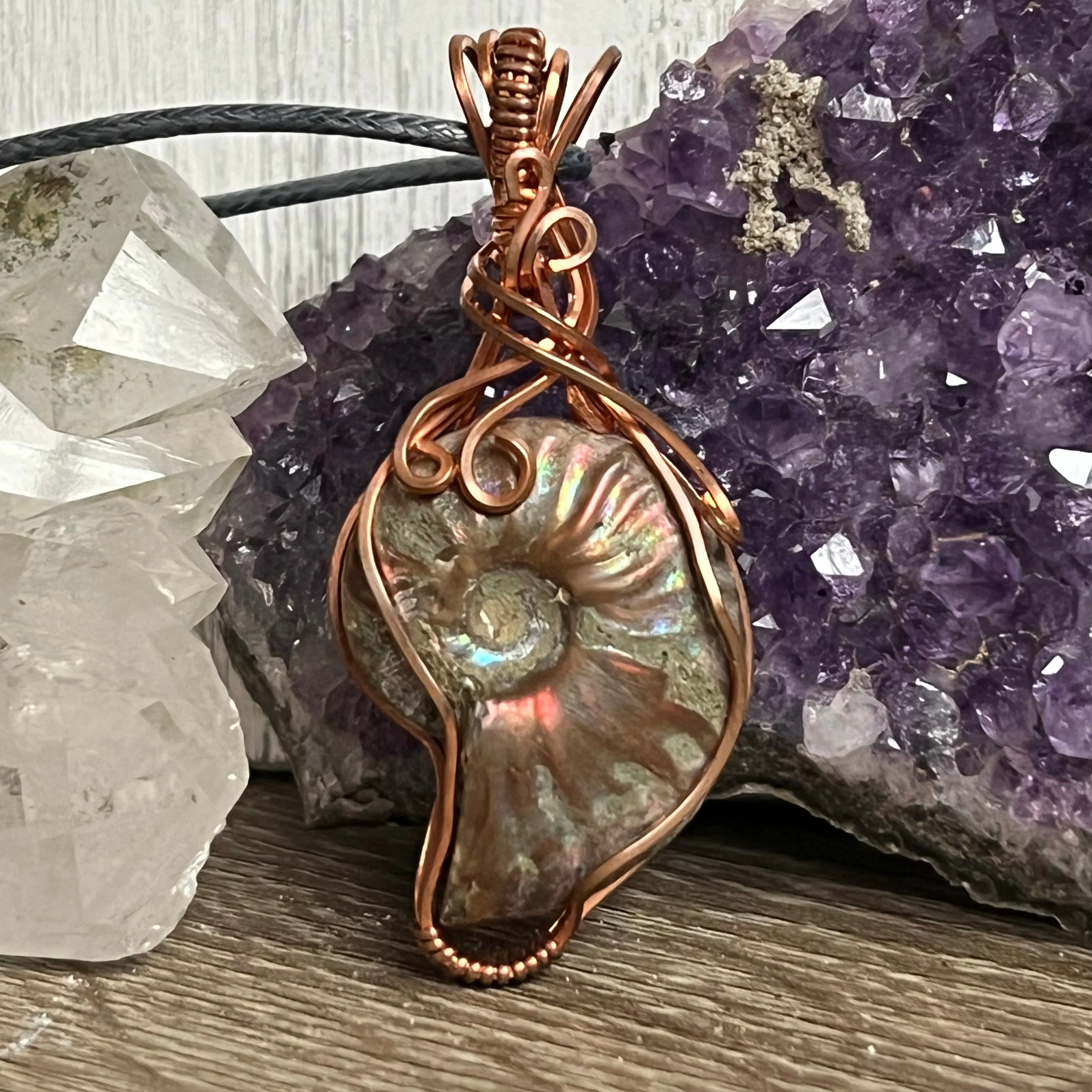 Ammonite Pendant Wire-Wrapped in Copper