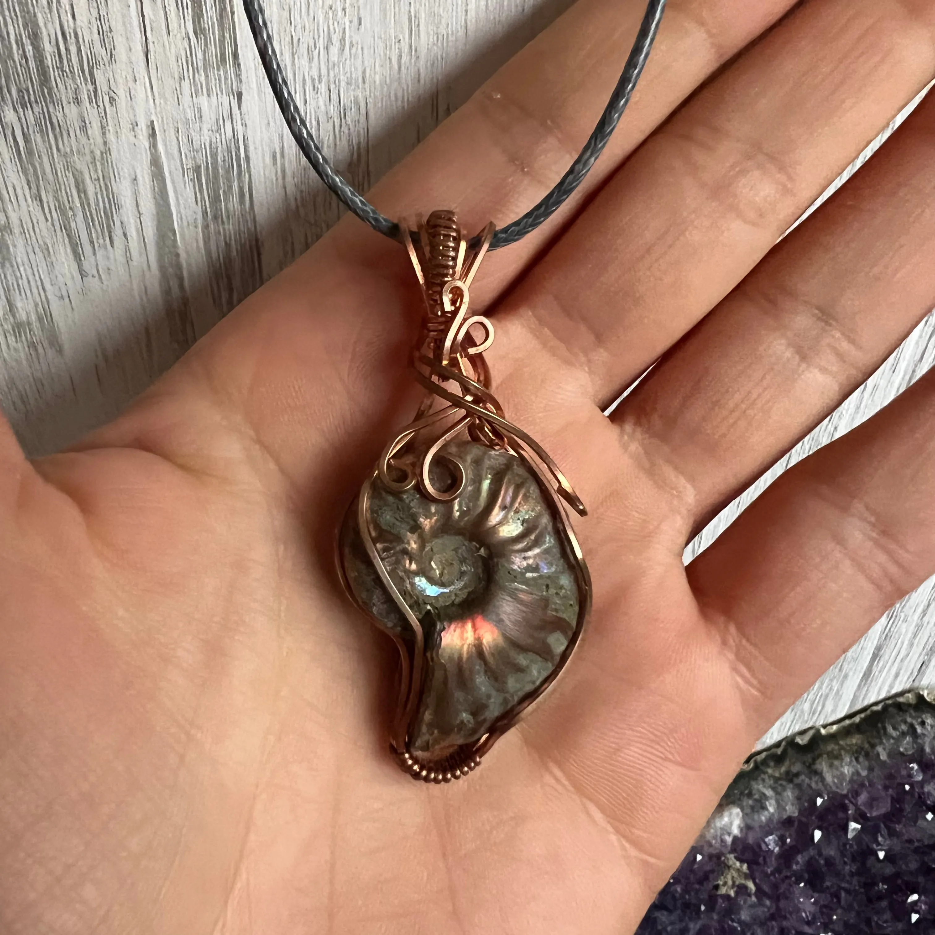 Ammonite Pendant Wire-Wrapped in Copper