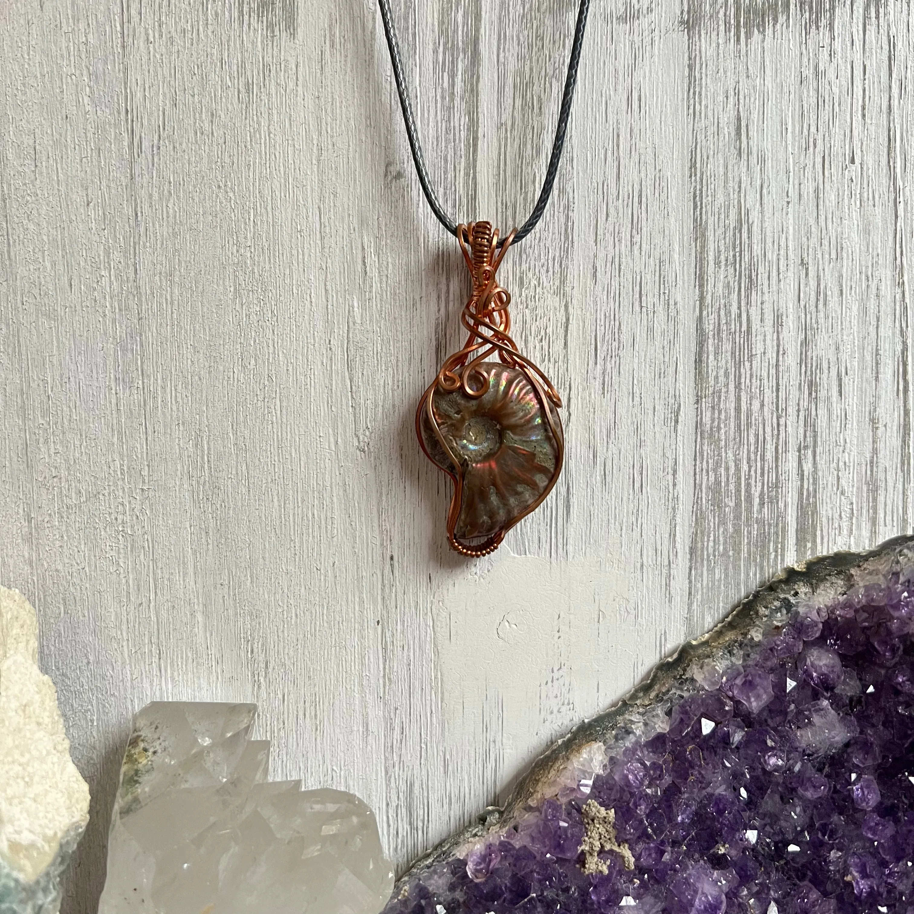 Ammonite Pendant Wire-Wrapped in Copper