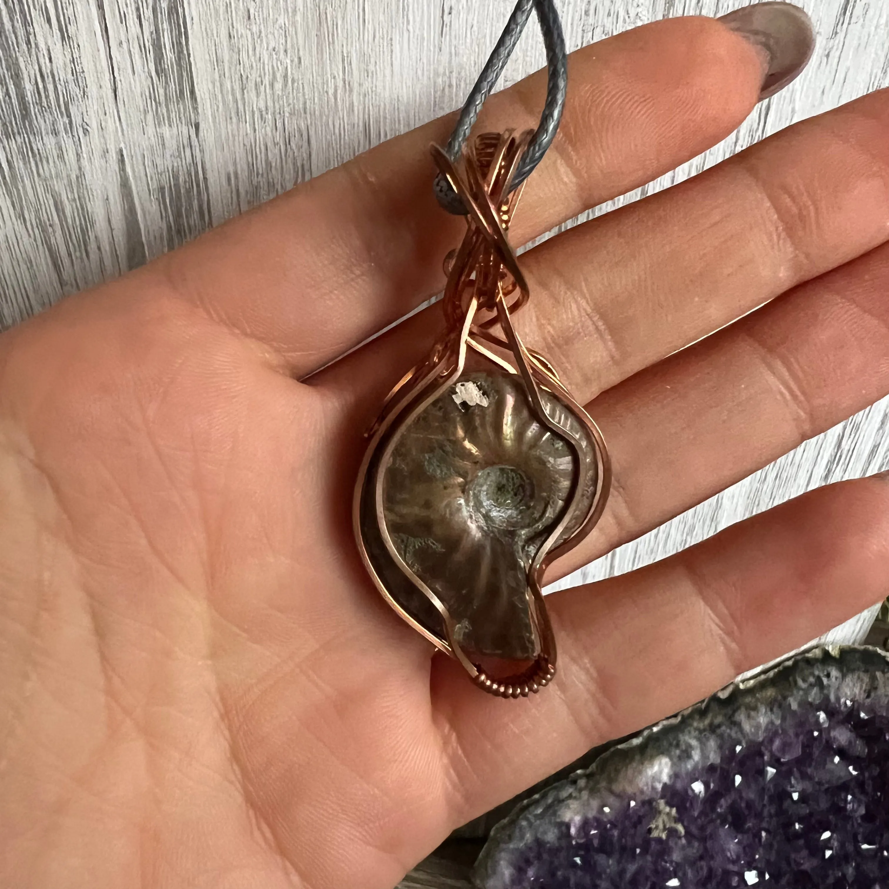 Ammonite Pendant Wire-Wrapped in Copper