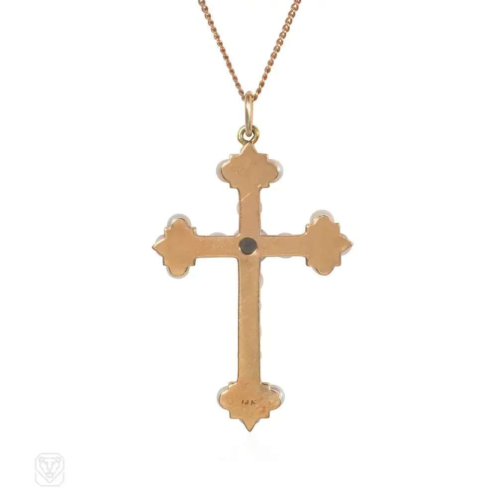 Antique aquamarine and pearl cross pendant