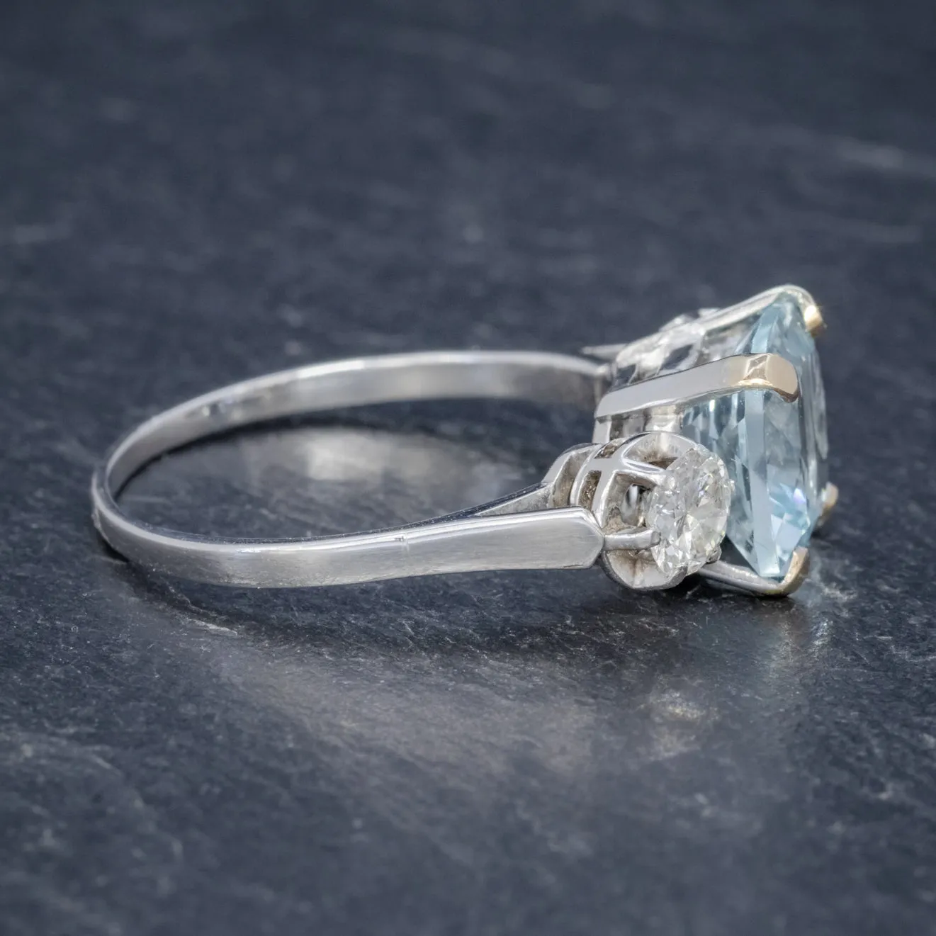 Antique Art Deco Aquamarine Diamond Trilogy Ring 18Ct White Gold Circa 1920