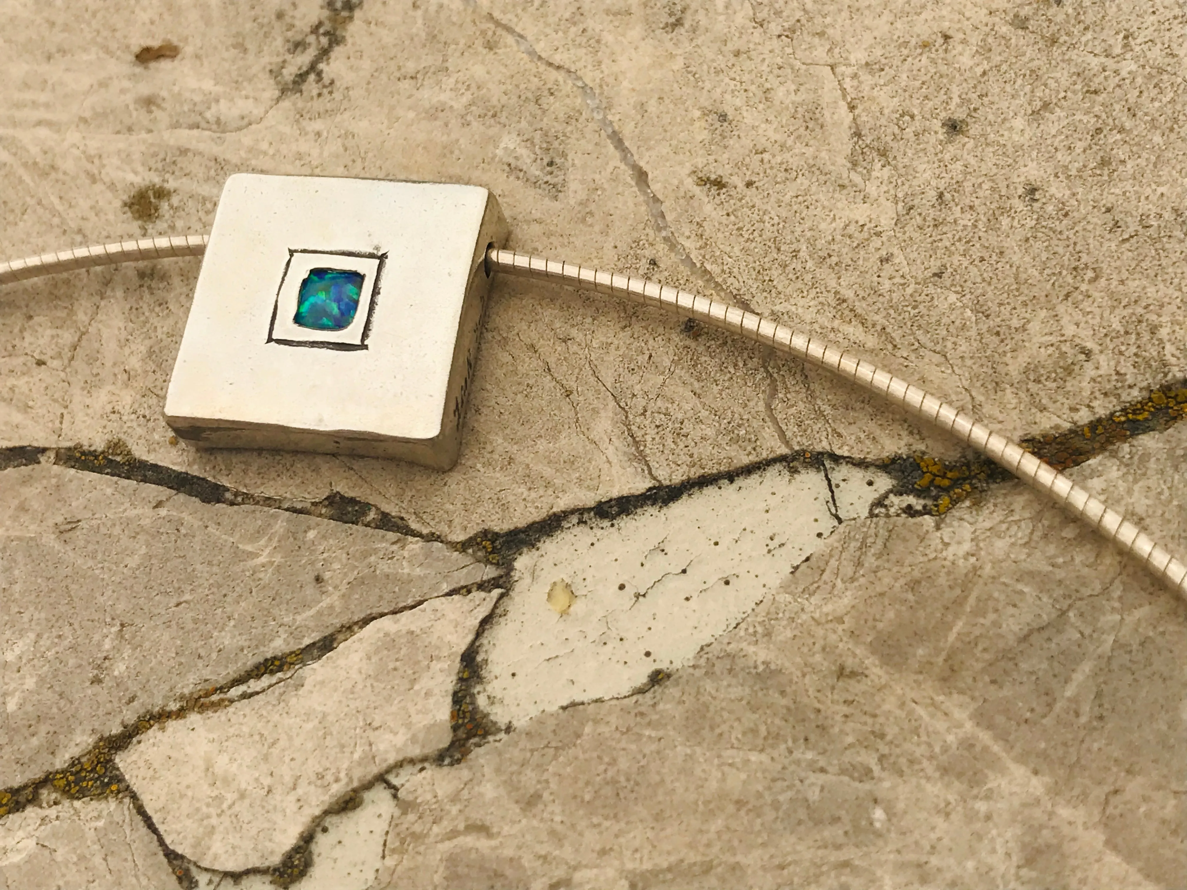 Antique Sterling Silver Italy 925 Blue Opal Square Modernist Pendant Necklace 6g