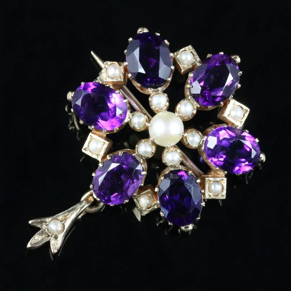 Antique Victorian Amethyst Pearl Brooch Pendant Circa 1900