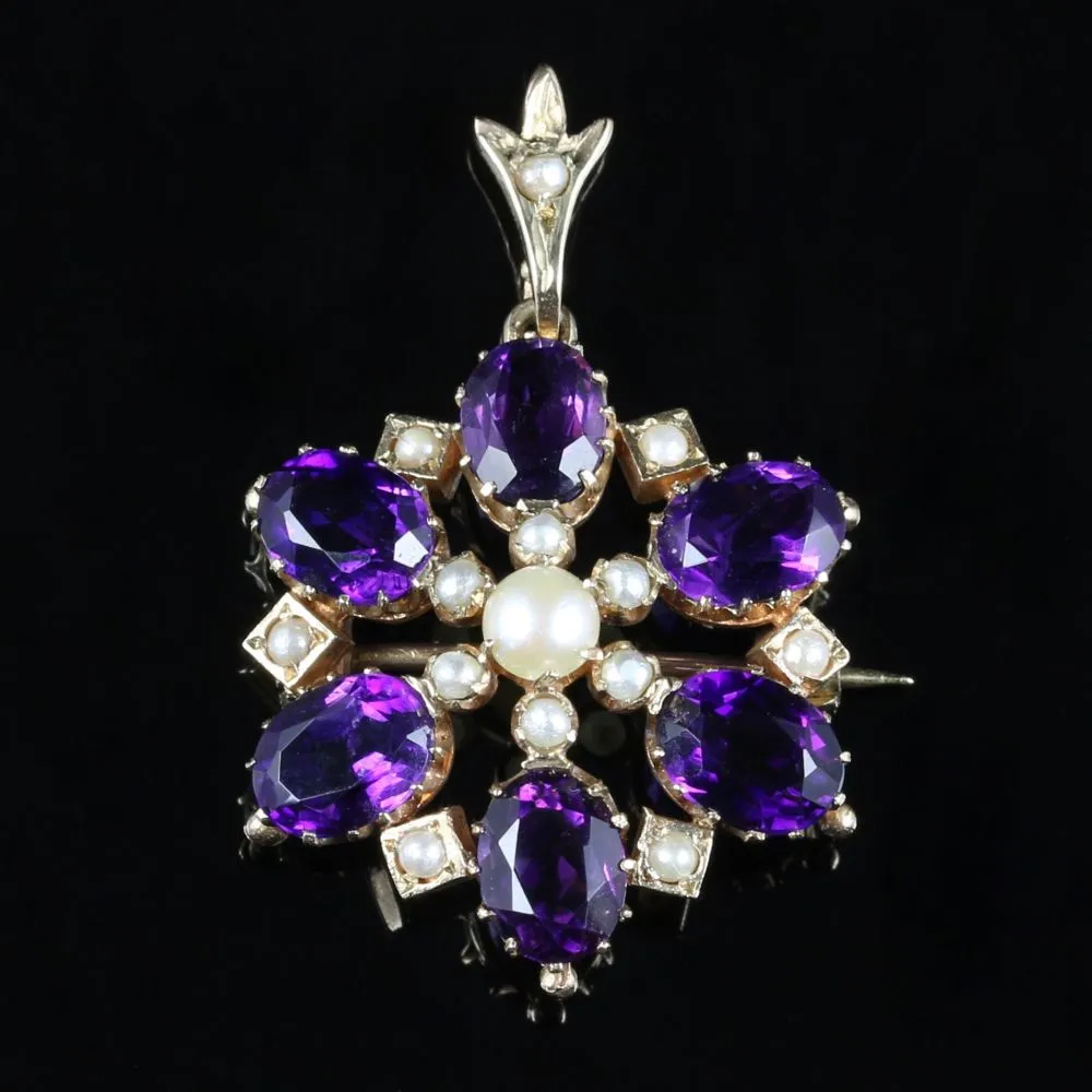 Antique Victorian Amethyst Pearl Brooch Pendant Circa 1900