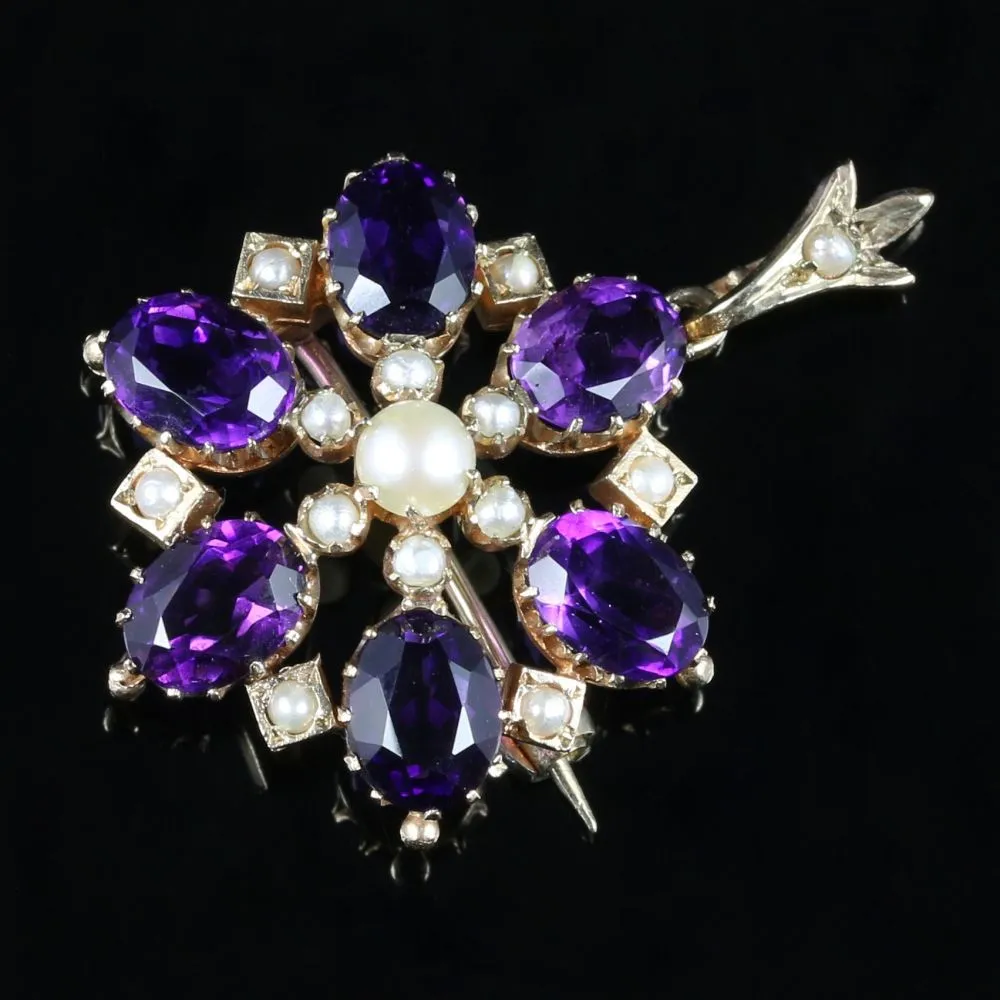 Antique Victorian Amethyst Pearl Brooch Pendant Circa 1900