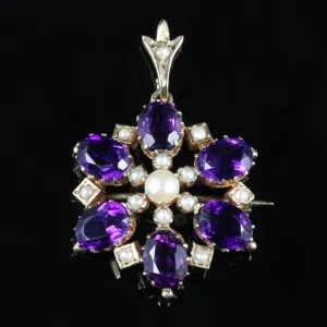 Antique Victorian Amethyst Pearl Brooch Pendant Circa 1900