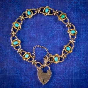 Antique Victorian Turquoise Bracelet 9ct Gold Heart Padlock Circa 1890