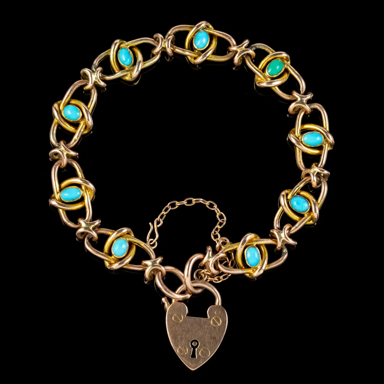 Antique Victorian Turquoise Bracelet 9ct Gold Heart Padlock Circa 1890