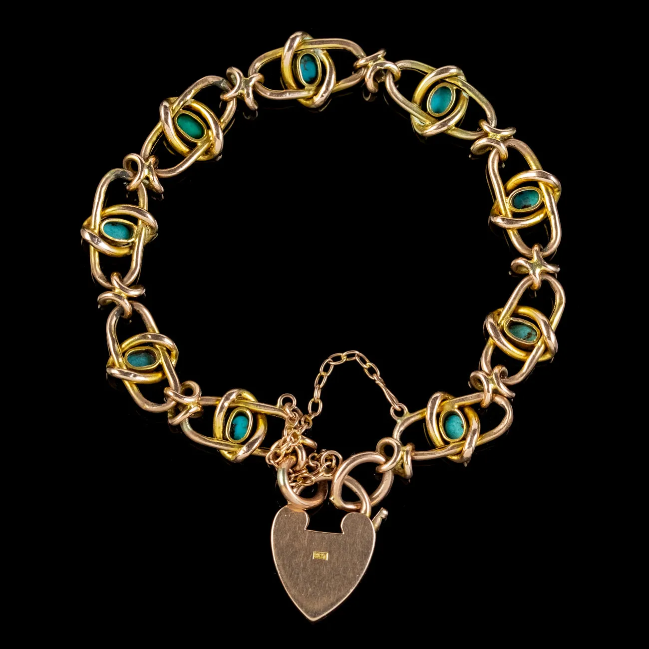 Antique Victorian Turquoise Bracelet 9ct Gold Heart Padlock Circa 1890