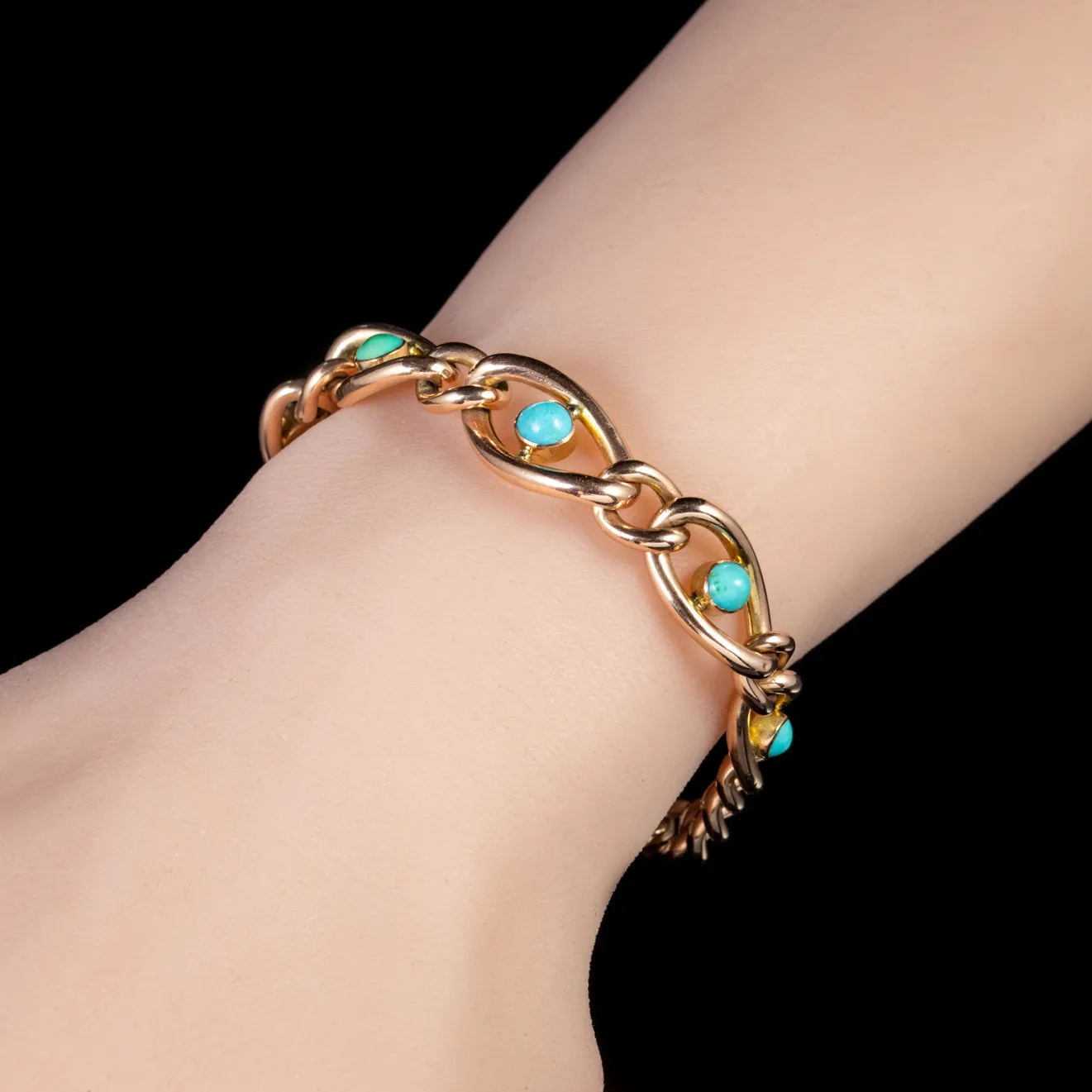 Antique Victorian Turquoise Curb Bracelet 15Ct Rose Gold Circa 1860