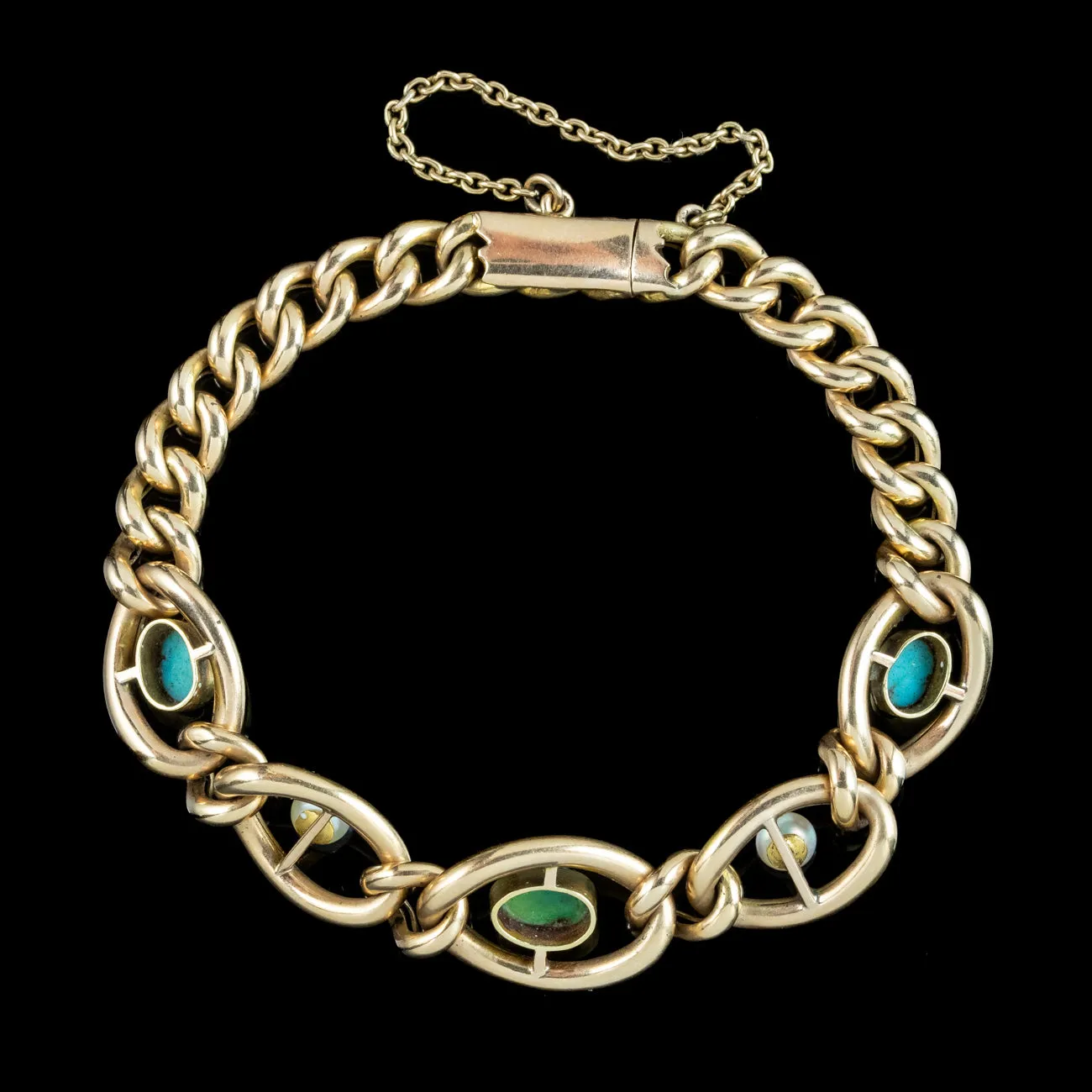 Antique Victorian Turquoise Pearl Curb Bracelet 15ct Gold