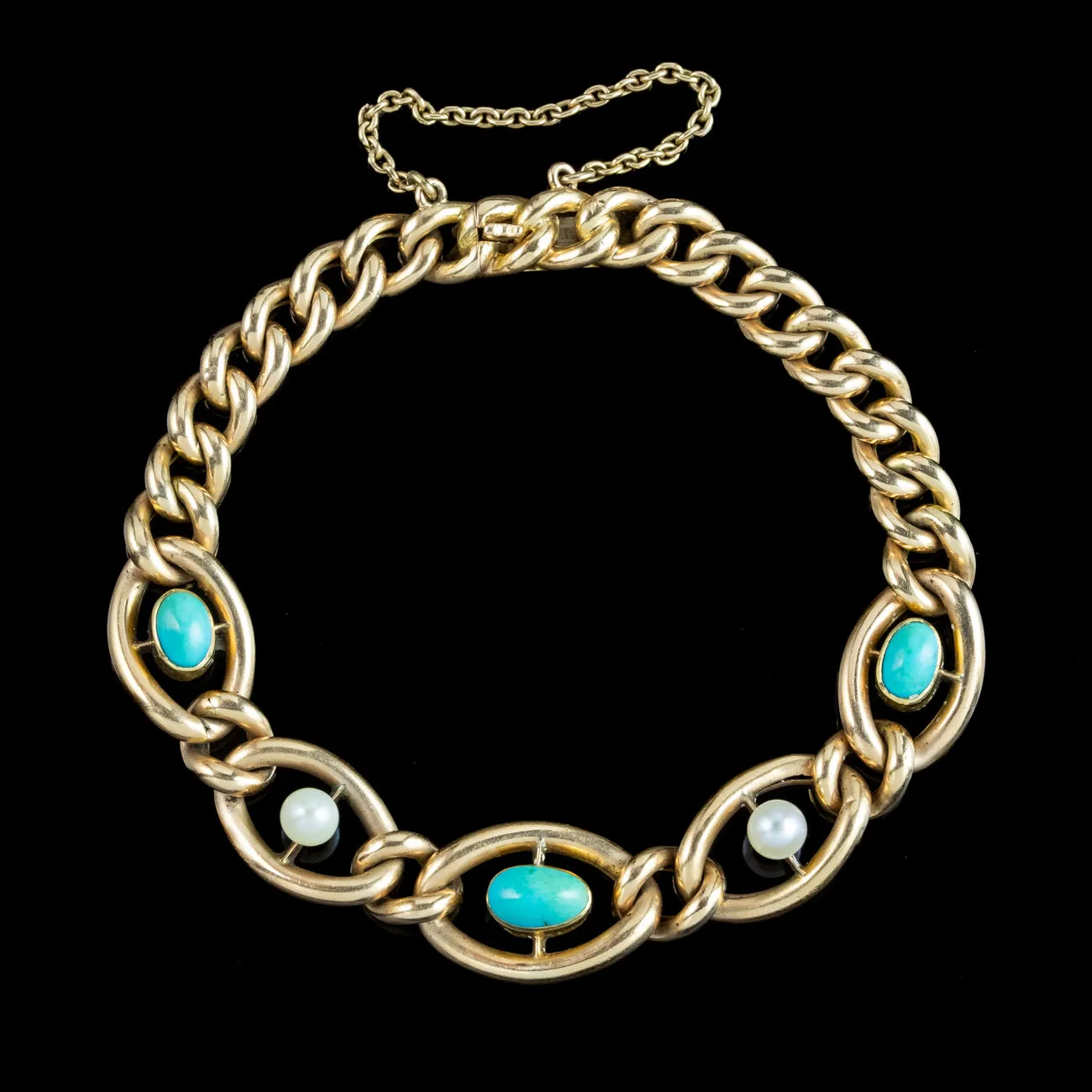 Antique Victorian Turquoise Pearl Curb Bracelet 15ct Gold