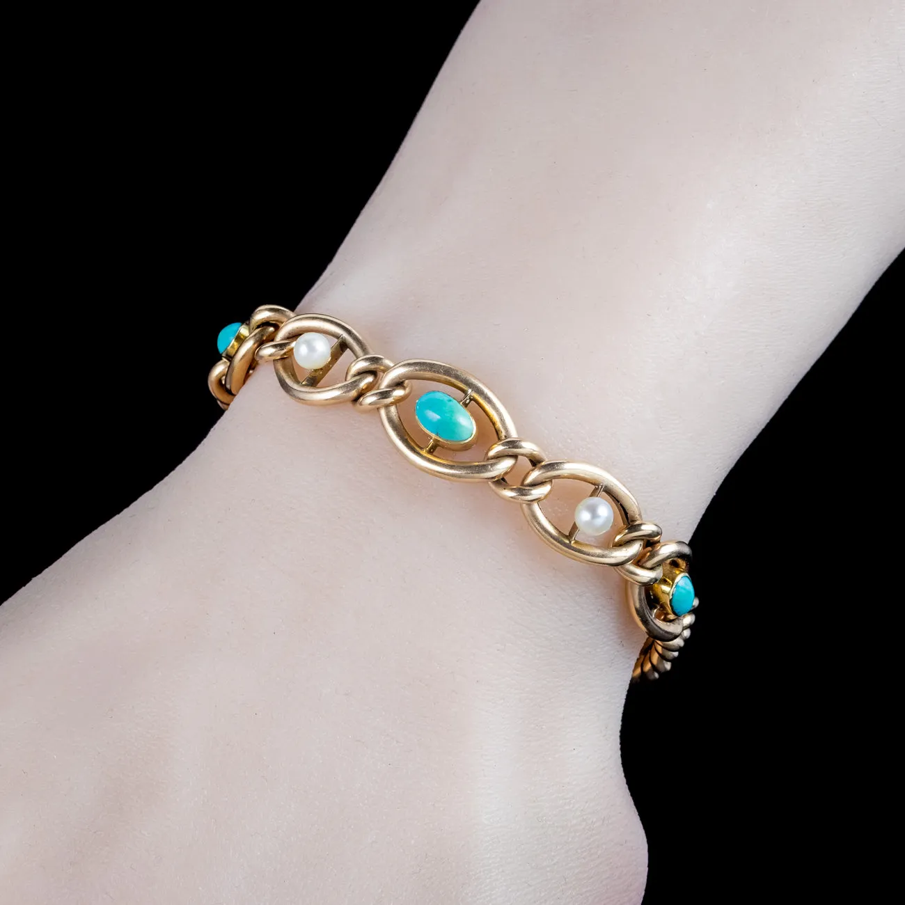 Antique Victorian Turquoise Pearl Curb Bracelet 15ct Gold