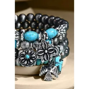 Antiqued Silver 4 Strand Western Turquoise Beaded Navajo Charm Bracelet Set