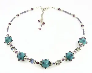 Aqua Violet Crystal Bali Beaded Necklace