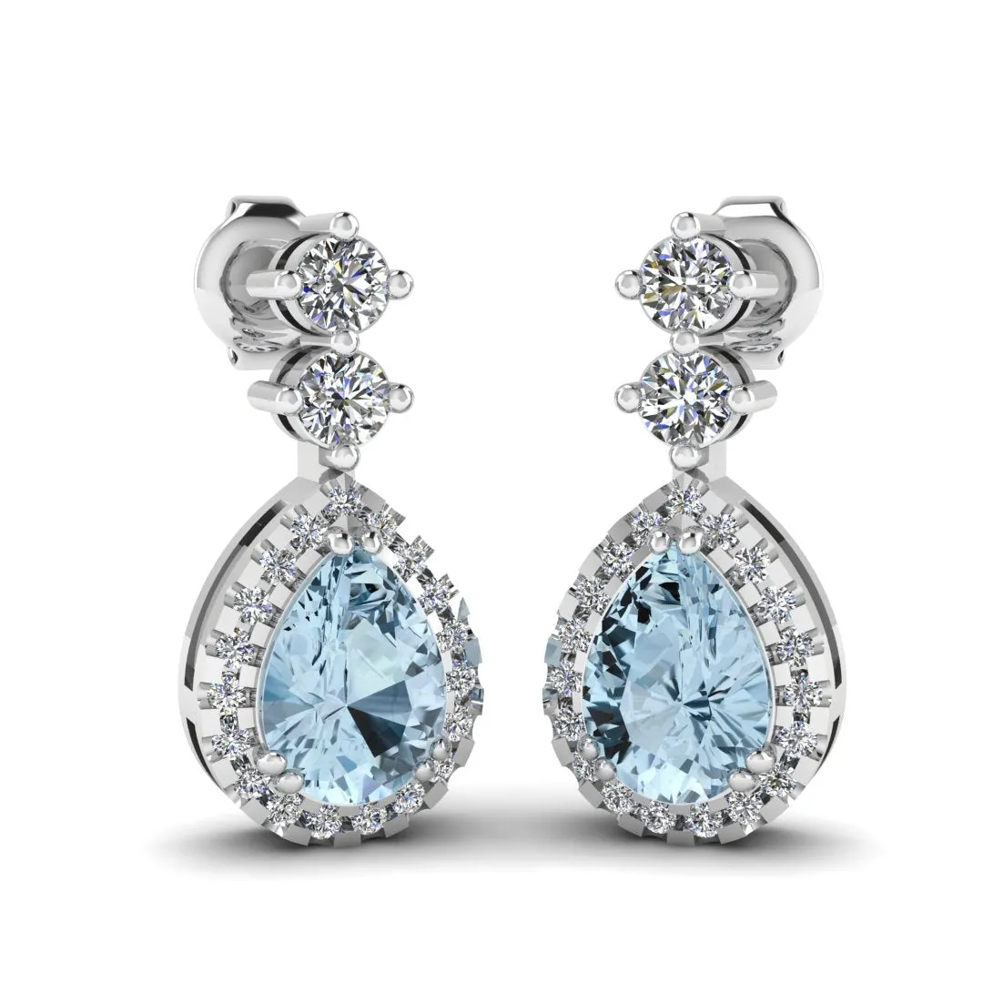 Aquamarine 1.30 Carat Pear Shape Halo Natural Diamond Drop Earrings E1PSA