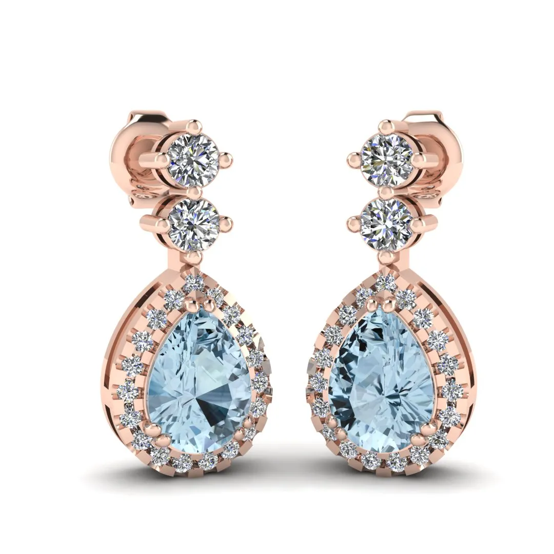 Aquamarine 1.30 Carat Pear Shape Halo Natural Diamond Drop Earrings E1PSA