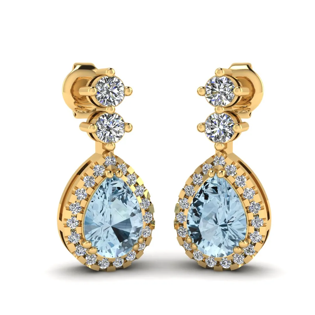 Aquamarine 1.30 Carat Pear Shape Halo Natural Diamond Drop Earrings E1PSA