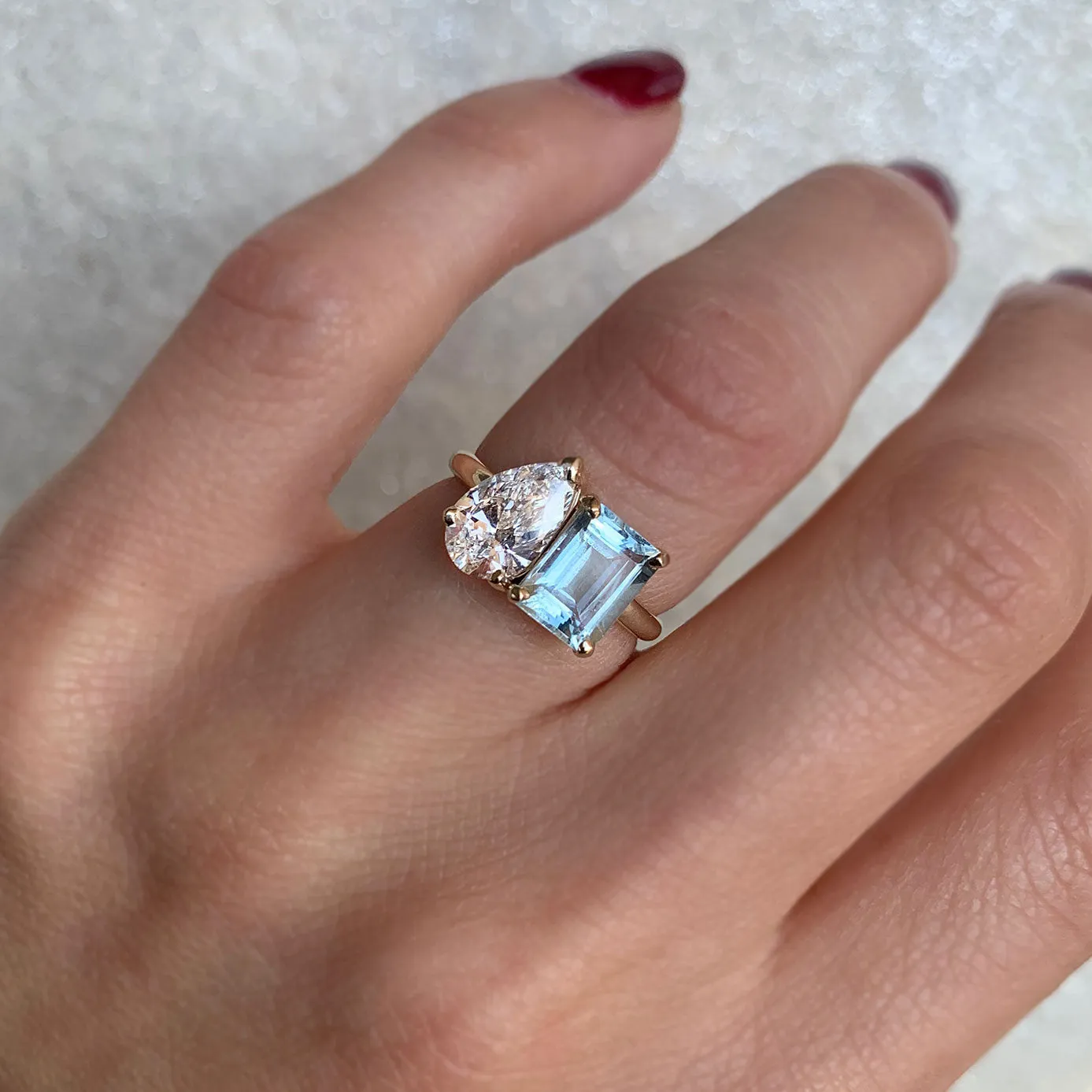 Aquamarine & Lab-Created Pear Diamond Moi et Toi Ring Set