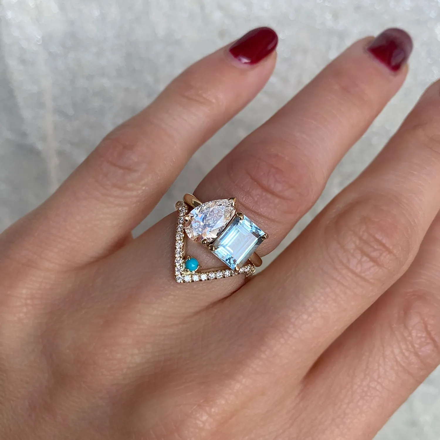 Aquamarine & Lab-Created Pear Diamond Moi et Toi Ring Set