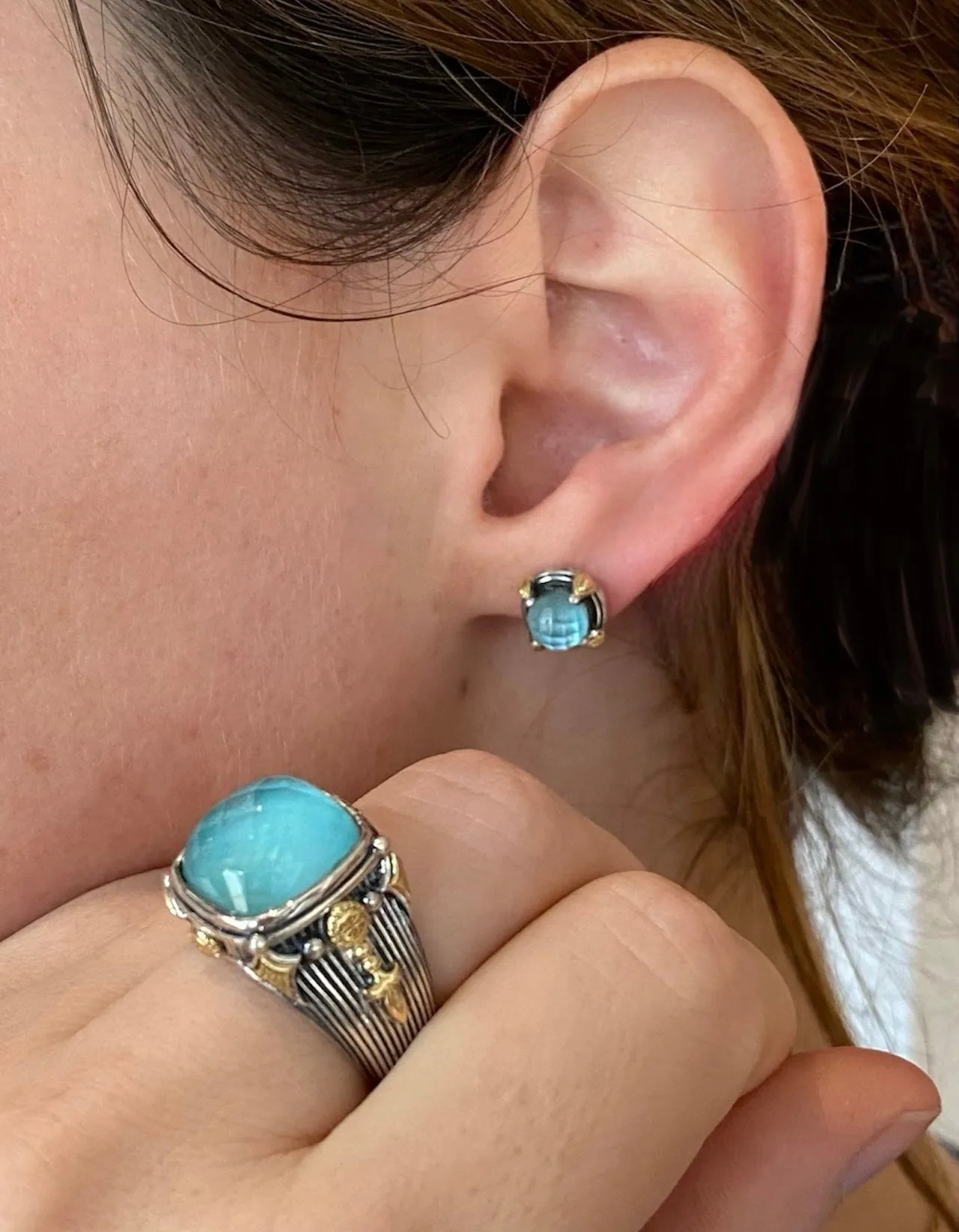 Aquamarine & Rock Crystal Mixed Metal Studs