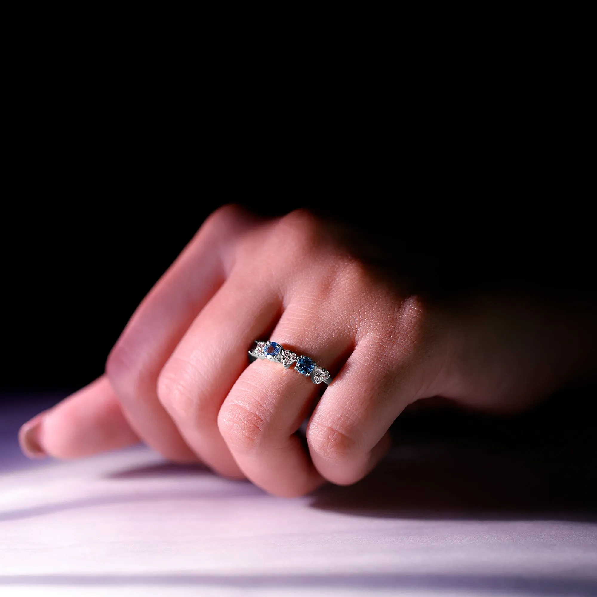 Aquamarine and Diamond Heart Shape Eternity Ring