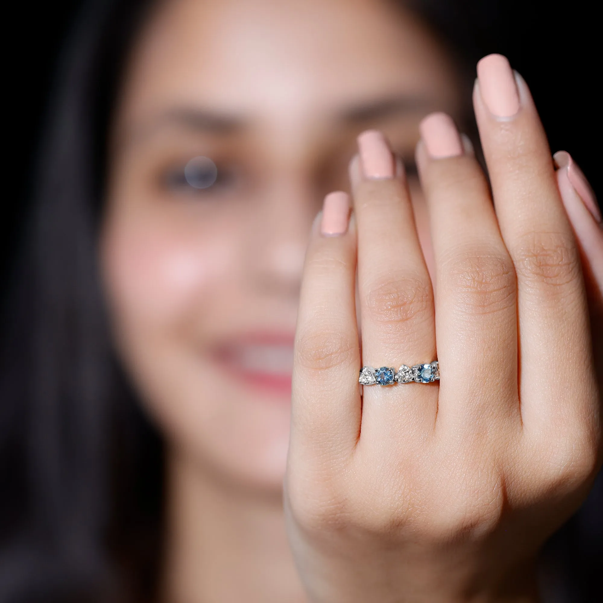 Aquamarine and Diamond Heart Shape Eternity Ring