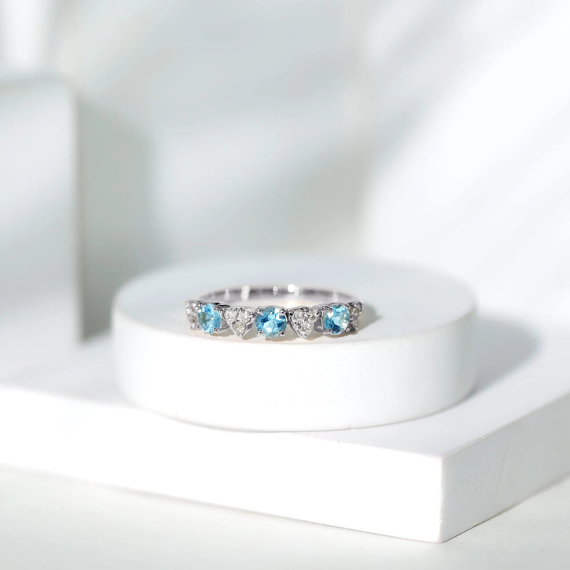 Aquamarine and Diamond Heart Shape Eternity Ring