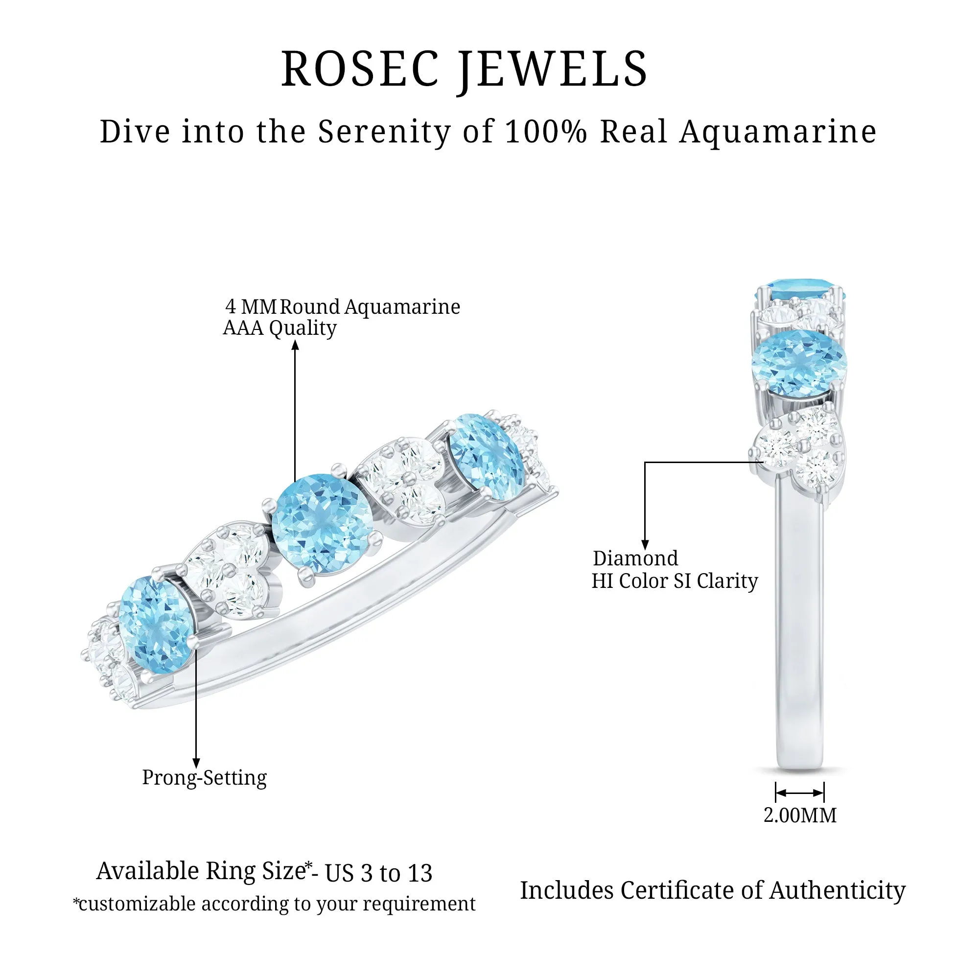 Aquamarine and Diamond Heart Shape Eternity Ring