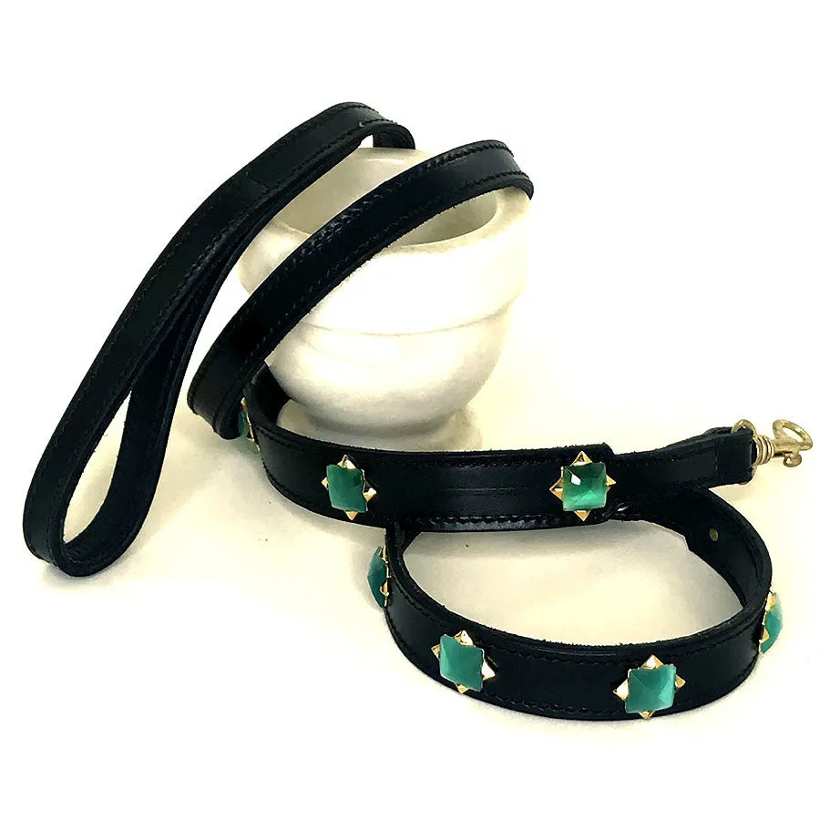 Aquamarine Gemstones & Brown Leather Collar & Leash, 14”-17”