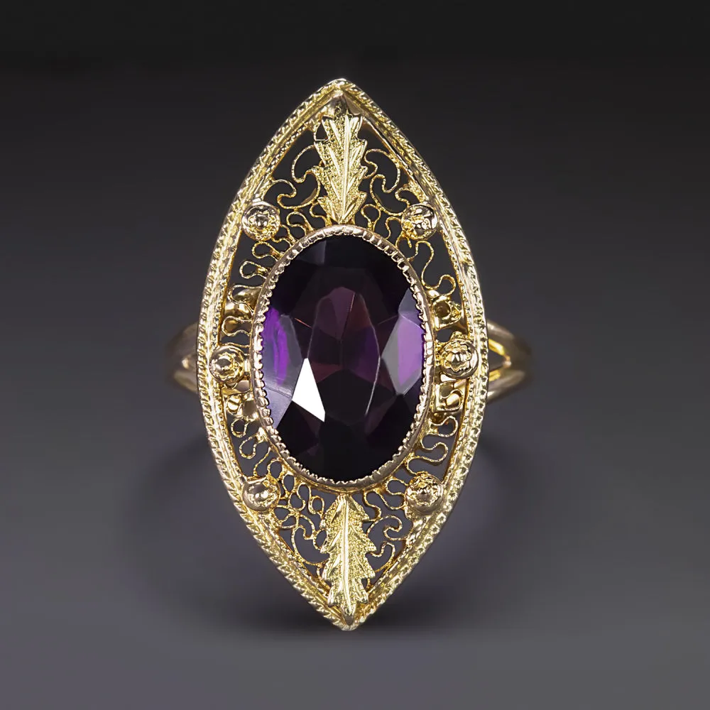 ART NOUVEAU ANTIQUE AMETHYST RING 10k YELLOW GREEN GOLD OVAL NAVETTE FILIGREE