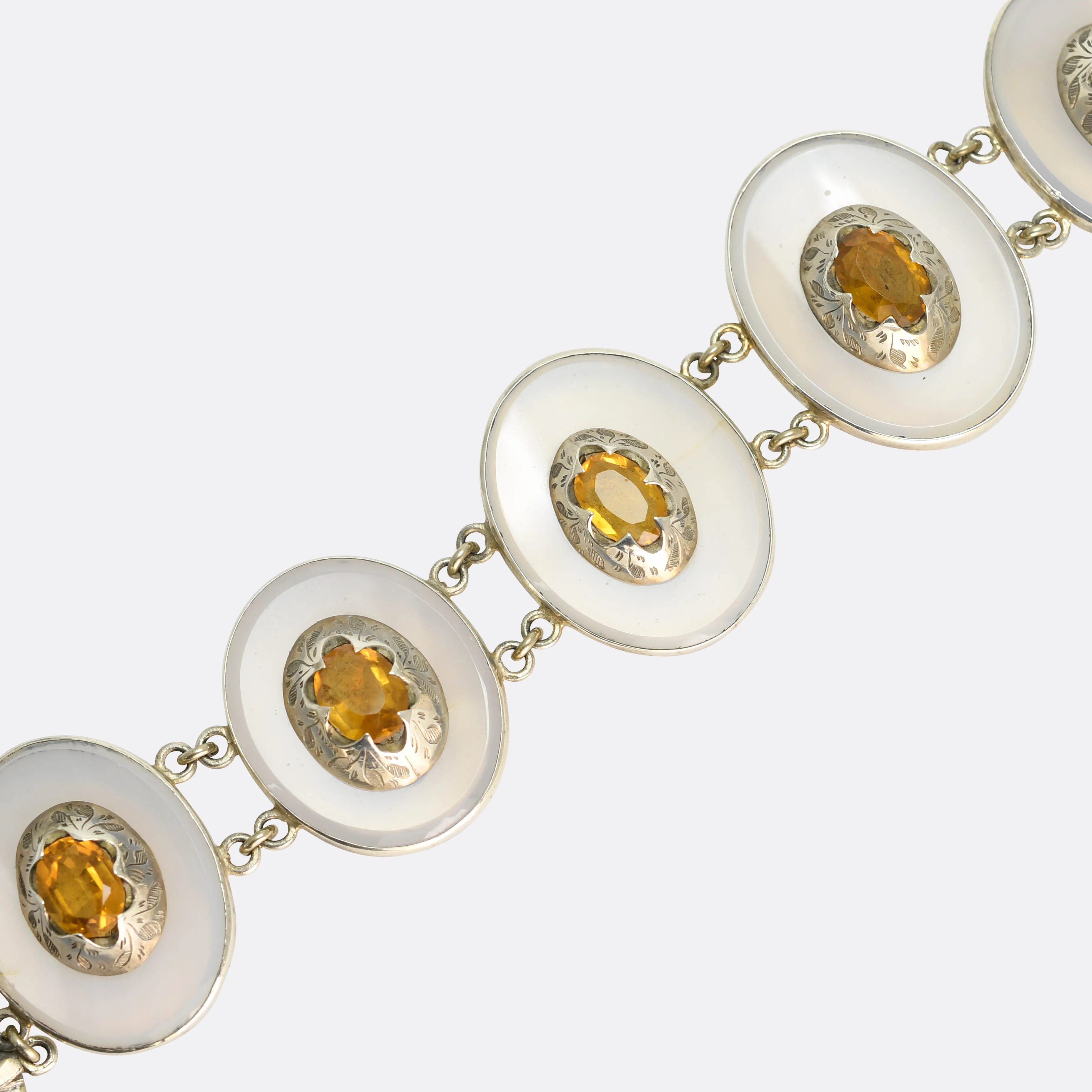 Arts & Crafts Scottish Citrine & Lace Agate Panel Bracelet