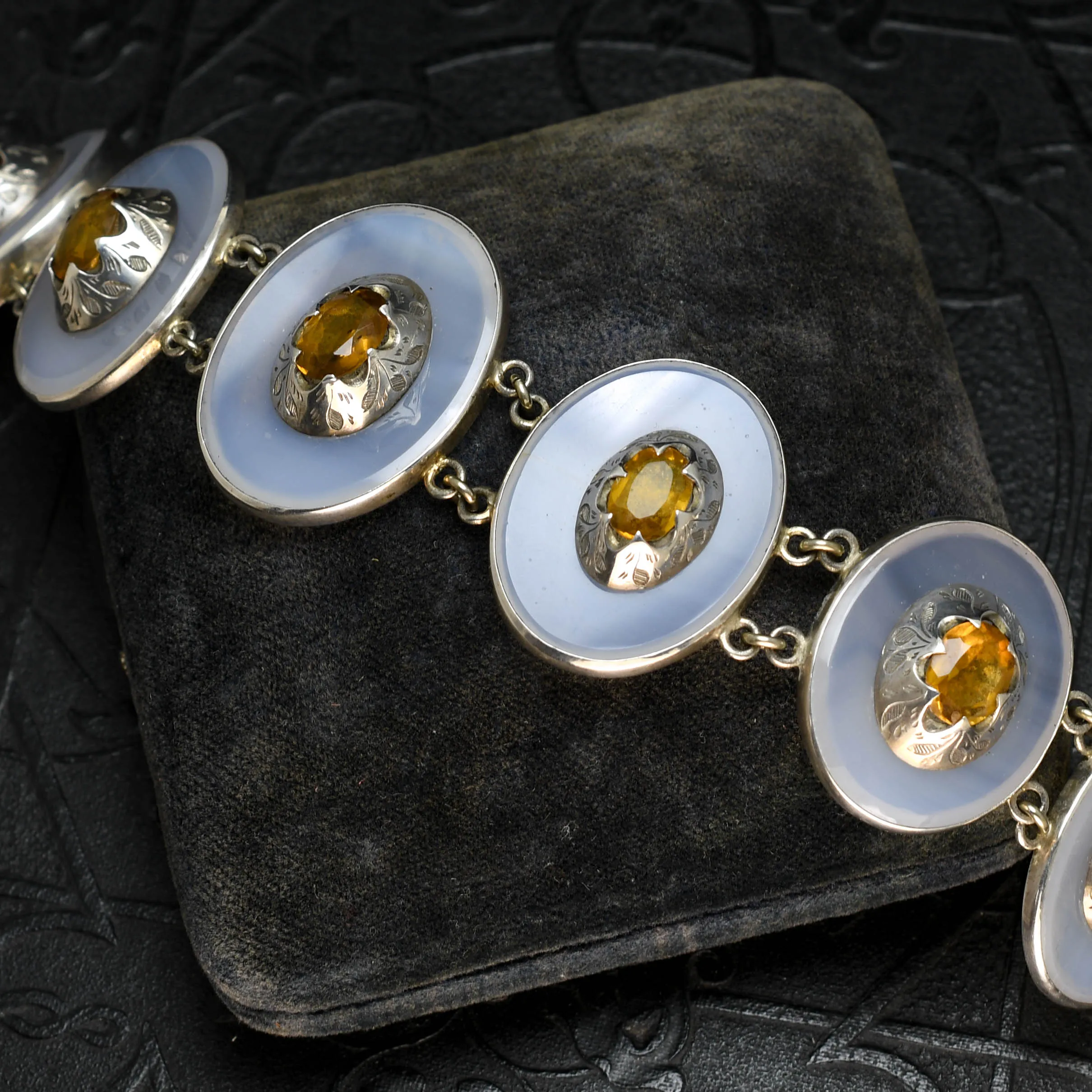 Arts & Crafts Scottish Citrine & Lace Agate Panel Bracelet