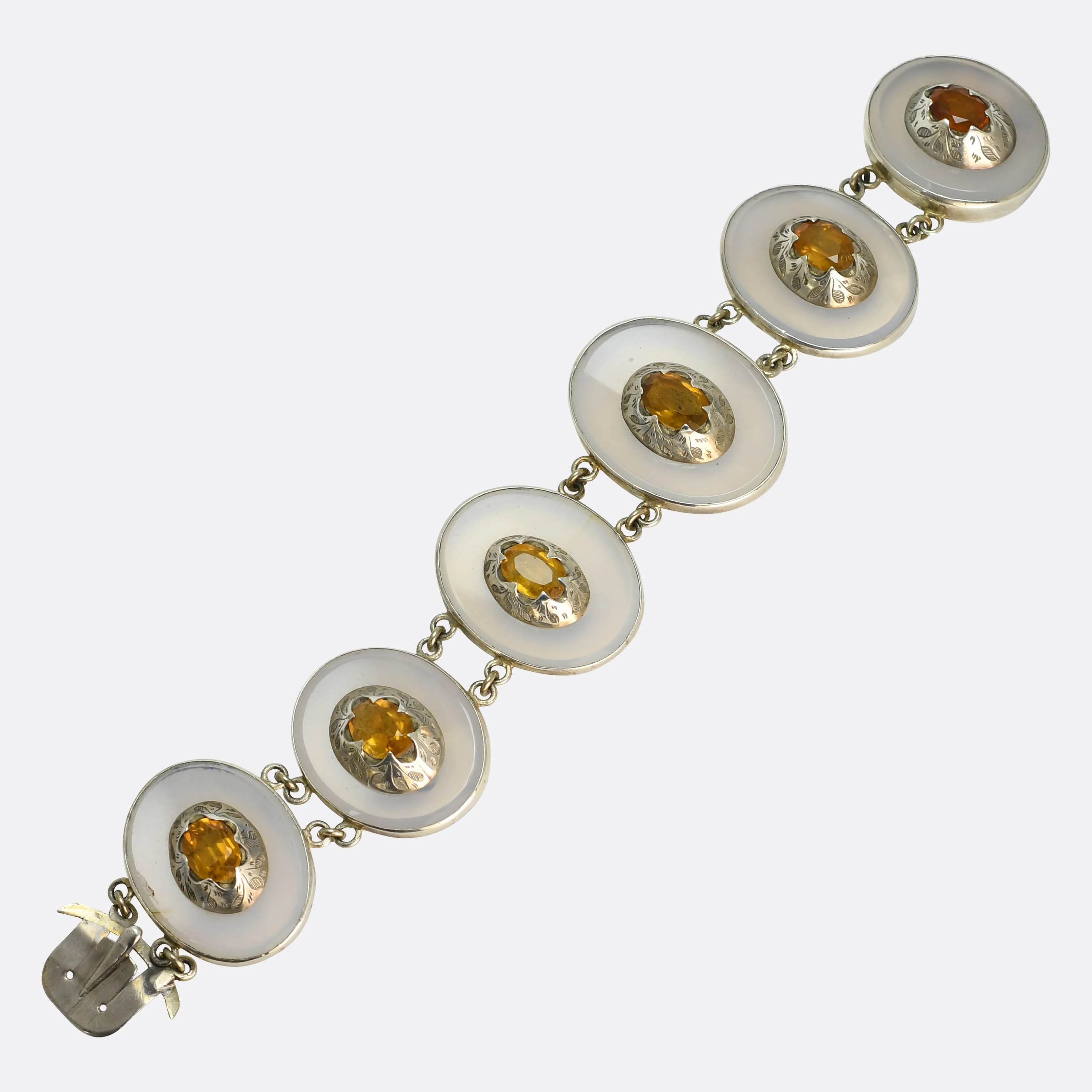 Arts & Crafts Scottish Citrine & Lace Agate Panel Bracelet