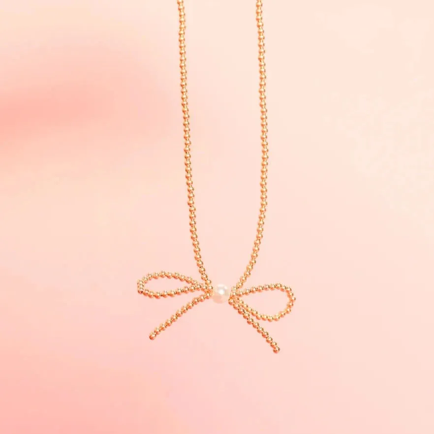 Beaded Blondes | Gold Bow Necklace with Pearl Accent