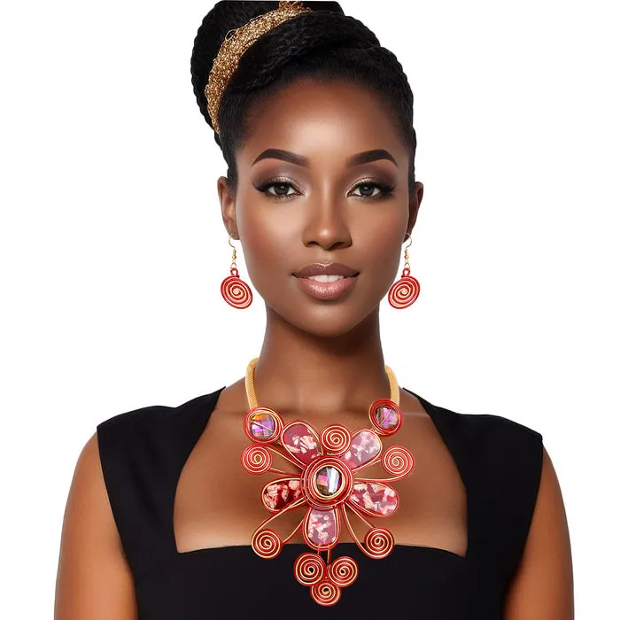 Bib Necklace Brown Wire Flower Petal Set for Women