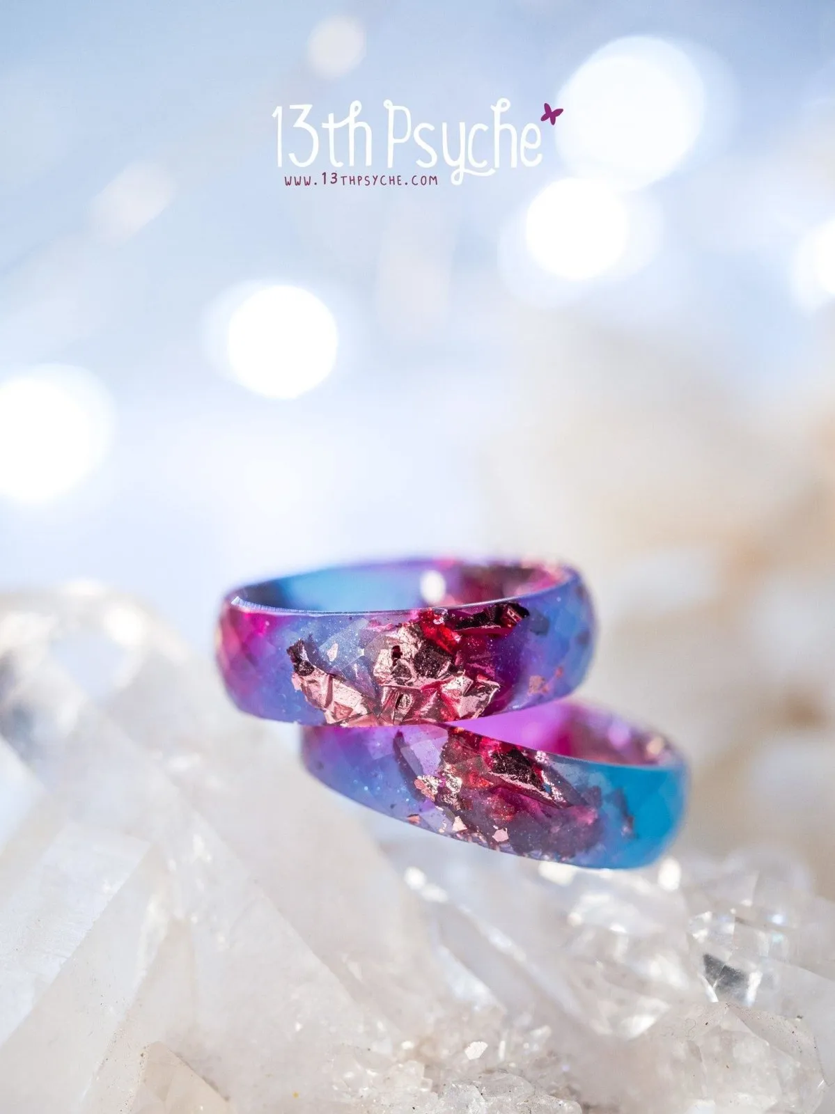 Blue and fuschia faceted resin ring with pink metallic flakes