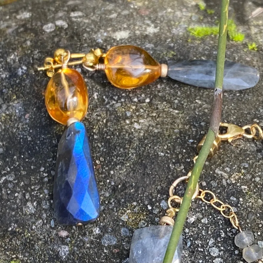 Blue-Flash Labradorite & Golden Citrine Double Drop Earrings