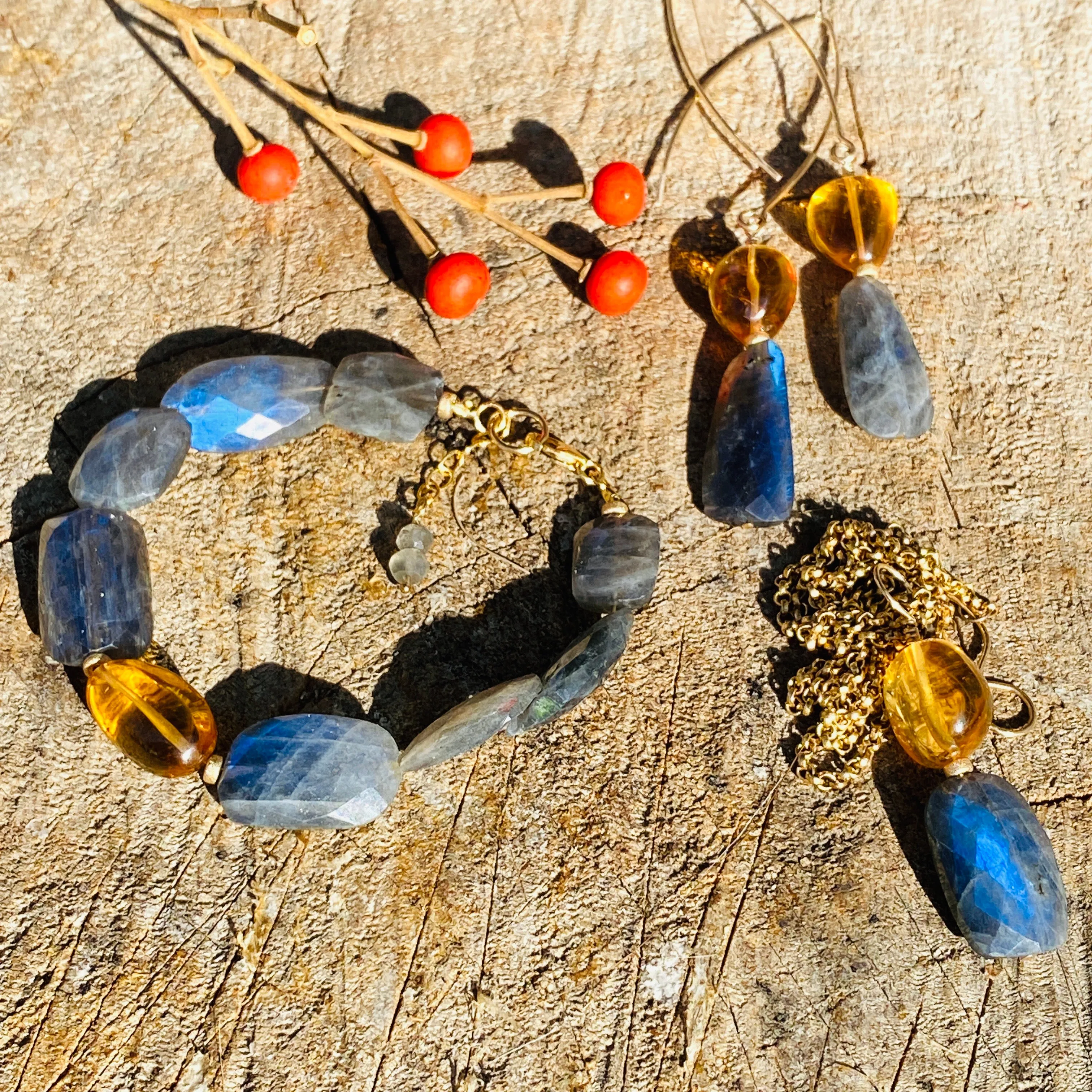 Blue-Flash Labradorite & Golden Citrine Double Drop Earrings