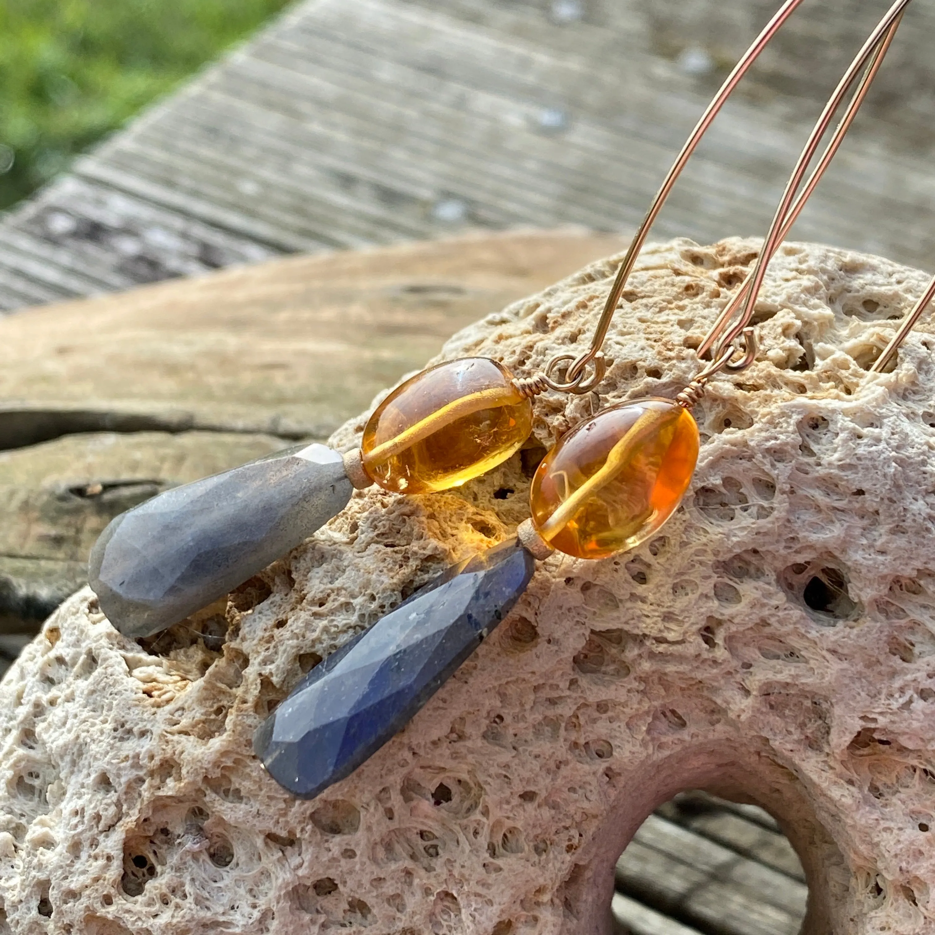 Blue-Flash Labradorite & Golden Citrine Double Drop Earrings