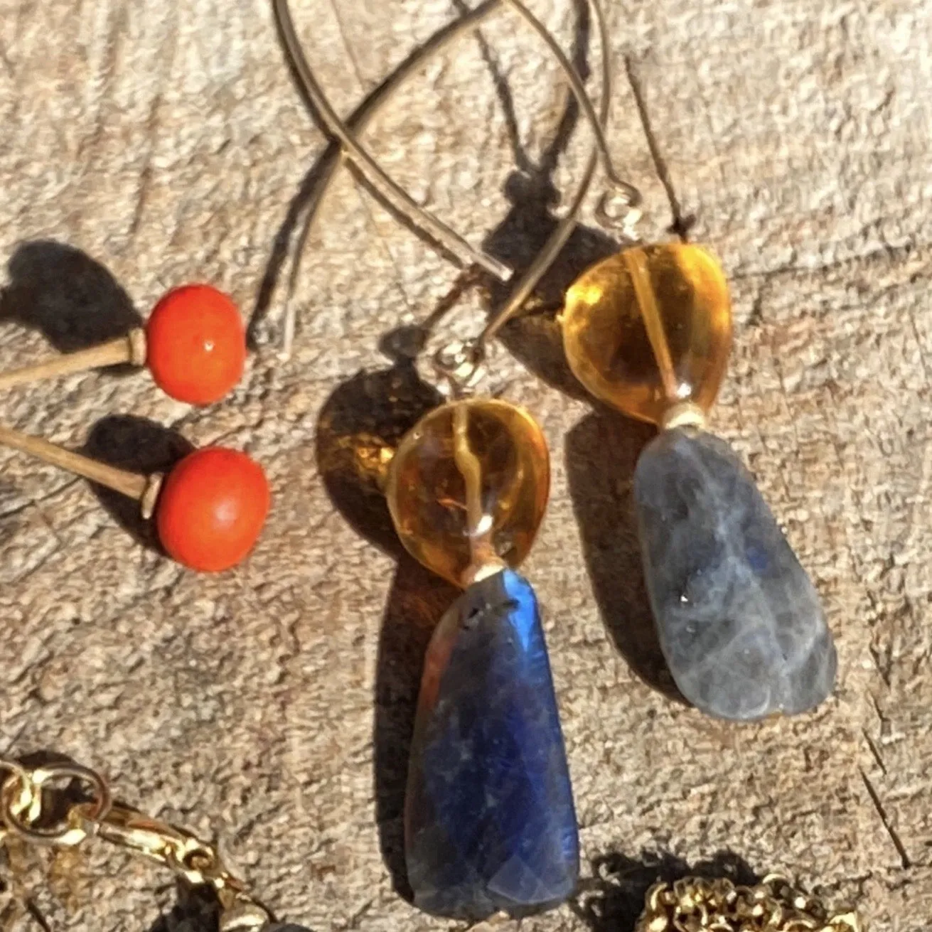 Blue-Flash Labradorite & Golden Citrine Double Drop Earrings