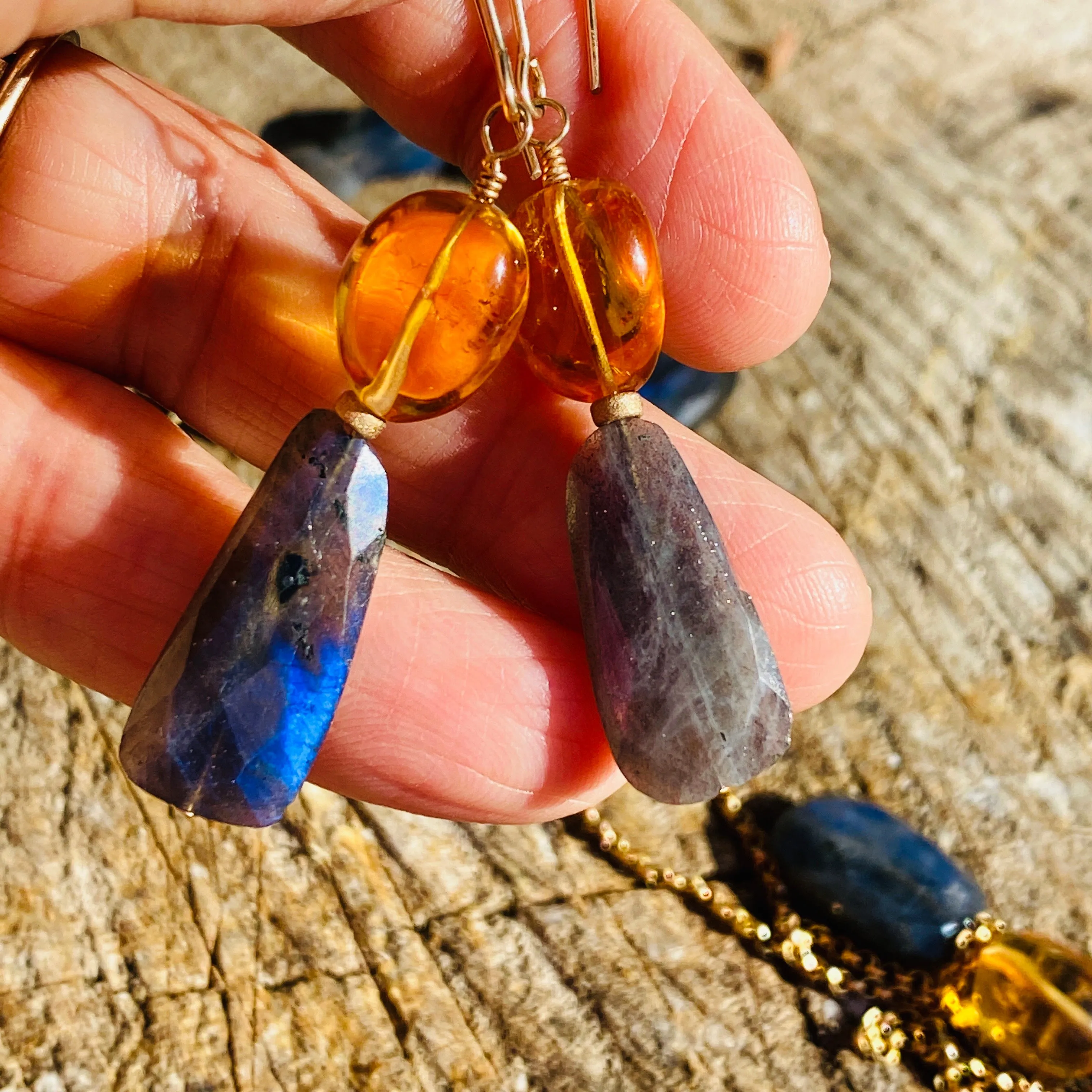 Blue-Flash Labradorite & Golden Citrine Double Drop Earrings