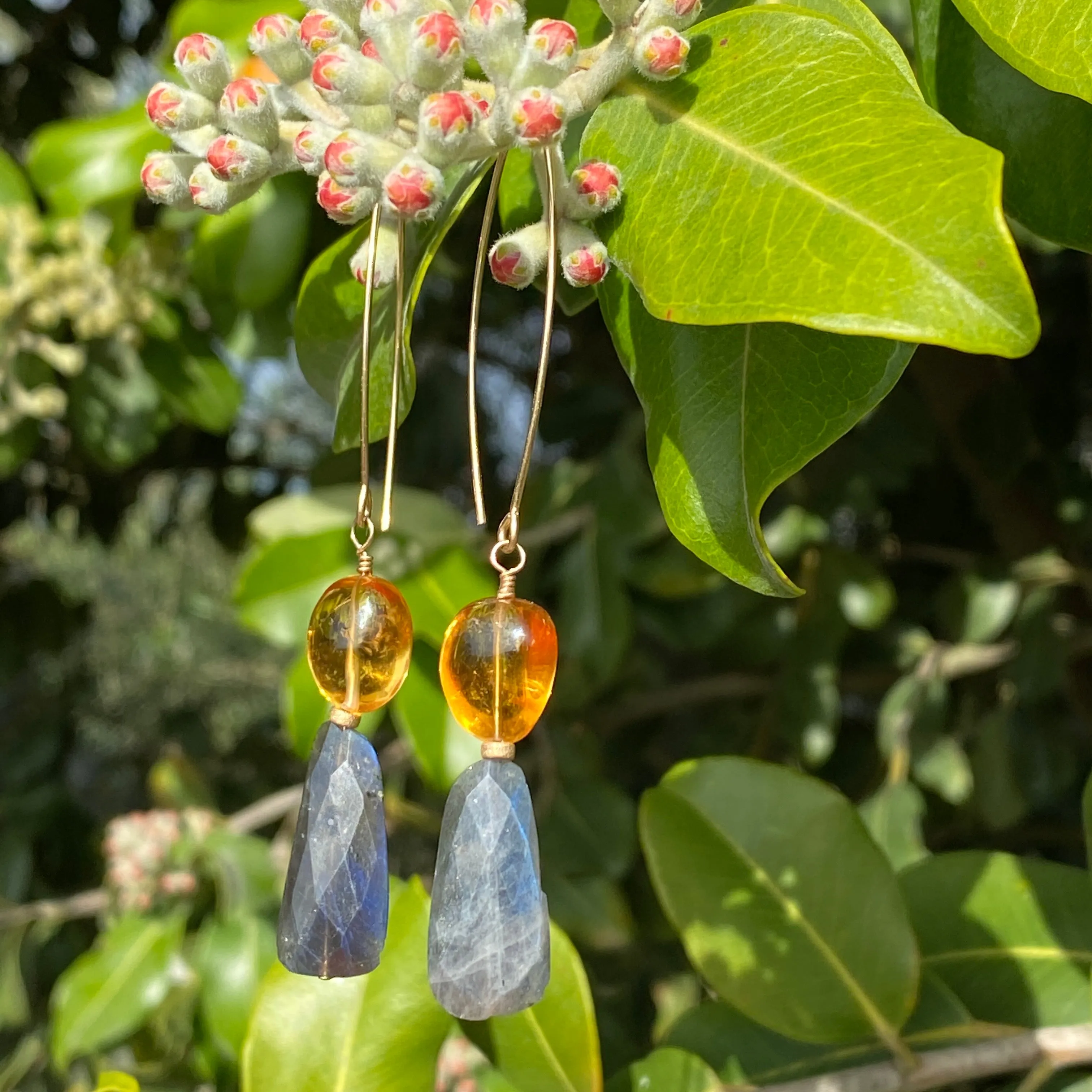 Blue-Flash Labradorite & Golden Citrine Double Drop Earrings