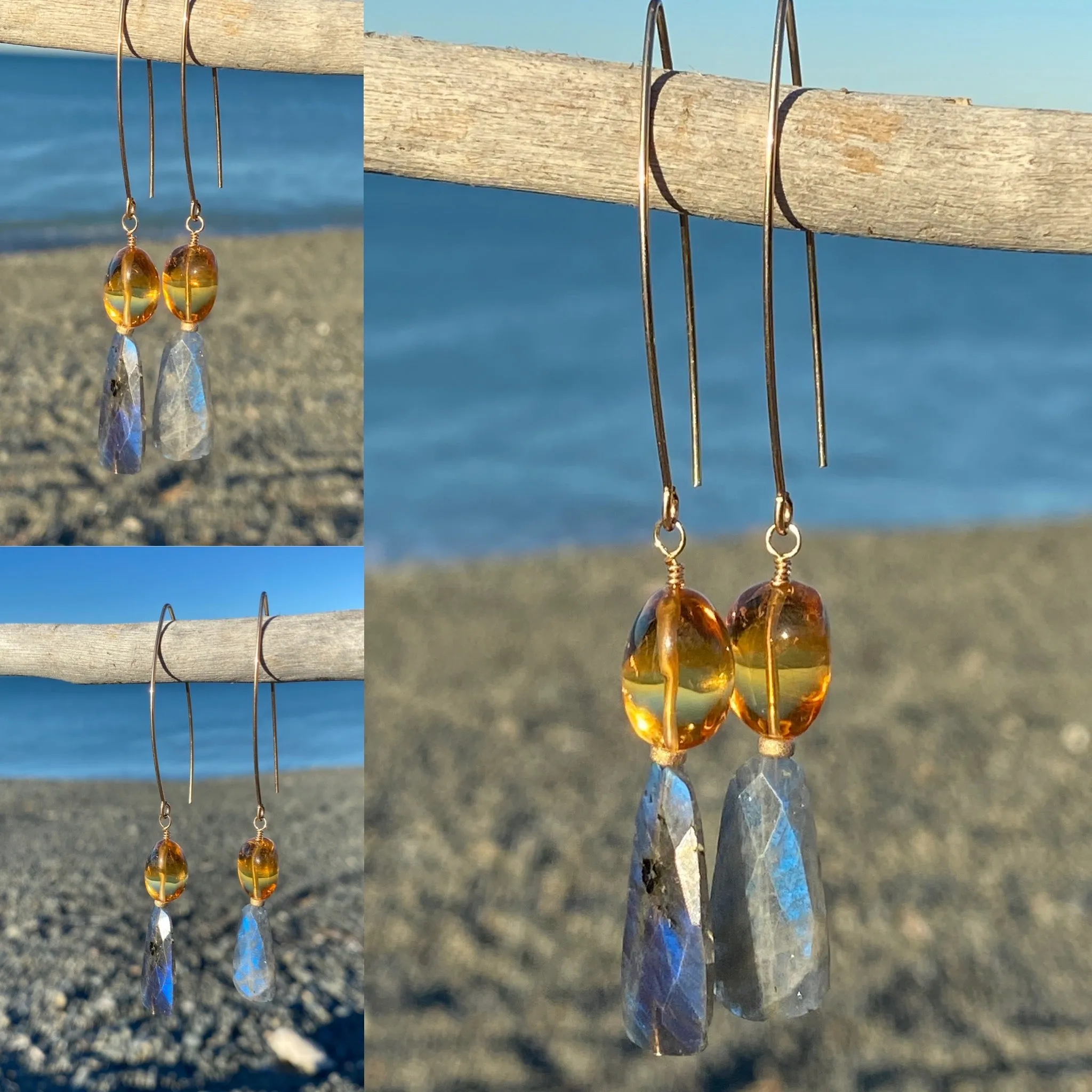 Blue-Flash Labradorite & Golden Citrine Double Drop Earrings