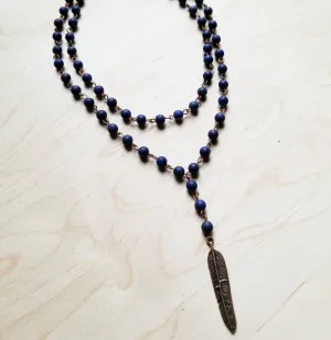 Blue Lapis Double Strand with Copper Feather Necklace -Boho Western Cowgirl Jewelry