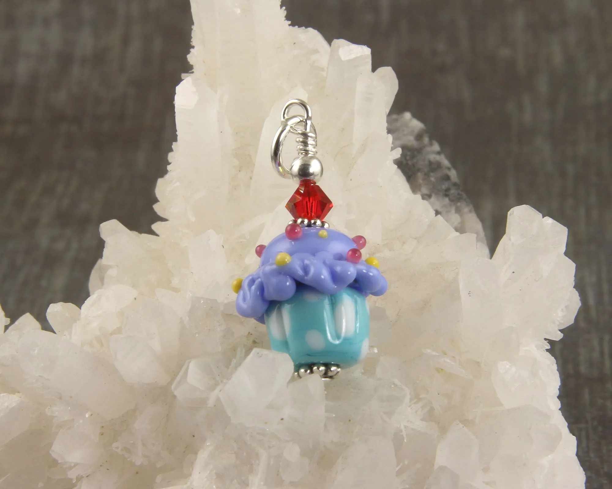 Blue Turquoise Cupcake Lampwork Glass Charms, Sterling Silver