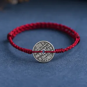 Buddha Stones 925 Sterling Silver Coin Protection Braided Bracelet Anklet