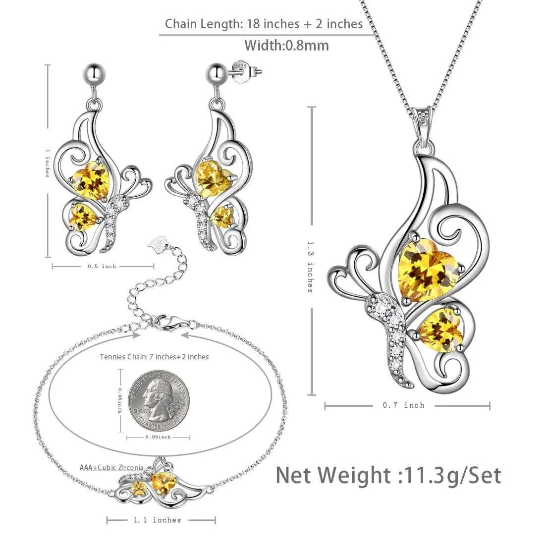 Butterfly Birthstone November Citrine Jewelry Set 4PCS Women Girls Birthday Gift